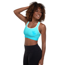 Load image into Gallery viewer, Padded Sports Bra Aqua Blue Gradient Moose Silhouette

