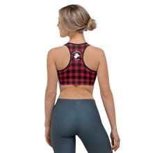 Load image into Gallery viewer, Sports Bra Red Plaid White Front Red Plaid Mama Bear One Cub
