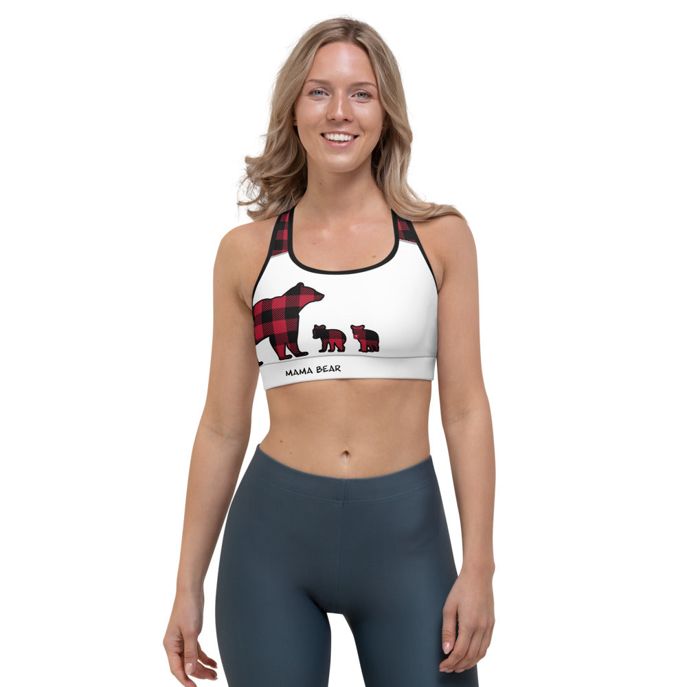 Sports Bra White Front Red Plaid Mama Bear Two Cubs