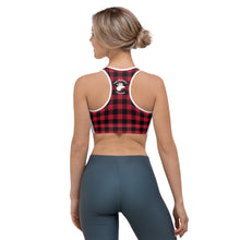 Load image into Gallery viewer, Sports Bra Red Plaid White Front Red Plaid Mama Bear One Cub
