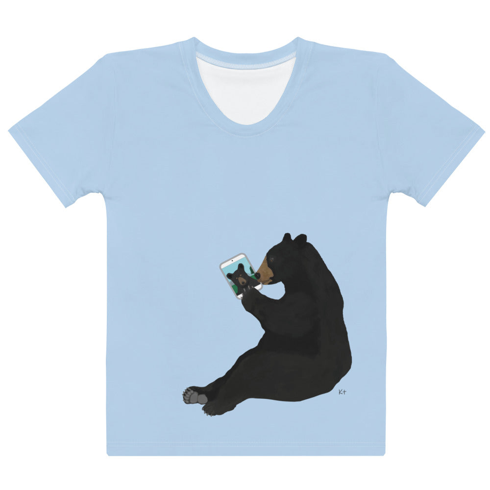 Women's T-shirt Blue Grey Bear With iPad