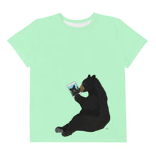 Load image into Gallery viewer, Youth Crew Neck T-shirt Lime Green Bear With iPad
