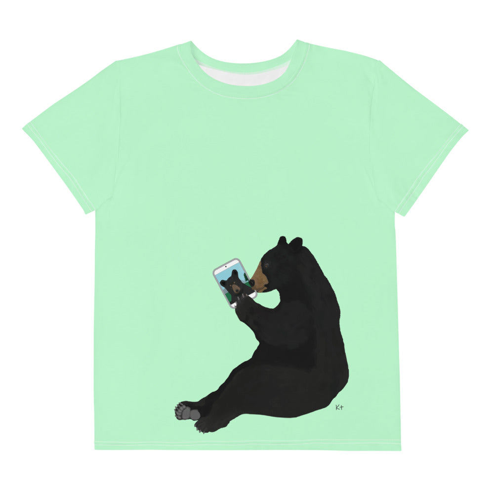 Youth Crew Neck T-shirt Lime Green Bear With iPad
