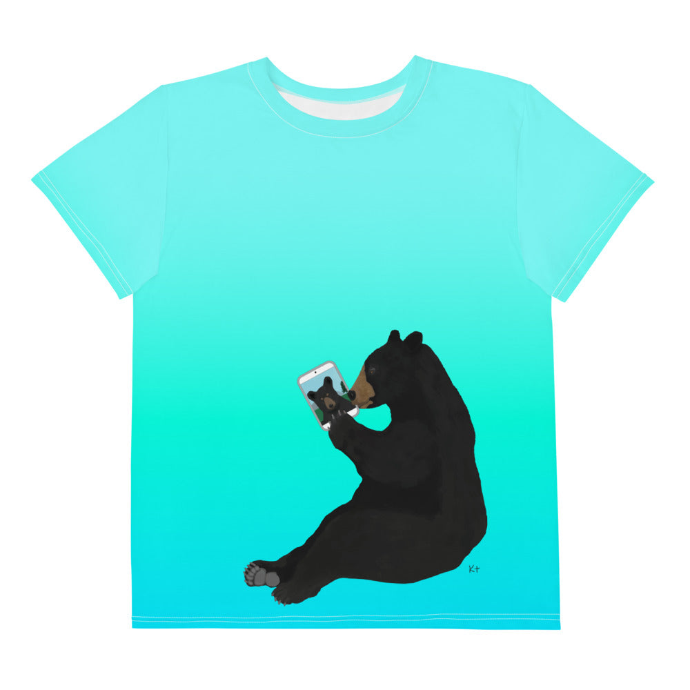 Youth Crew Neck T-shirt Aqua Green Blue Bear With iPad