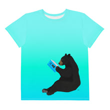 Load image into Gallery viewer, Youth Crew Neck T-shirt Aqua Green Blue Bear Reading
