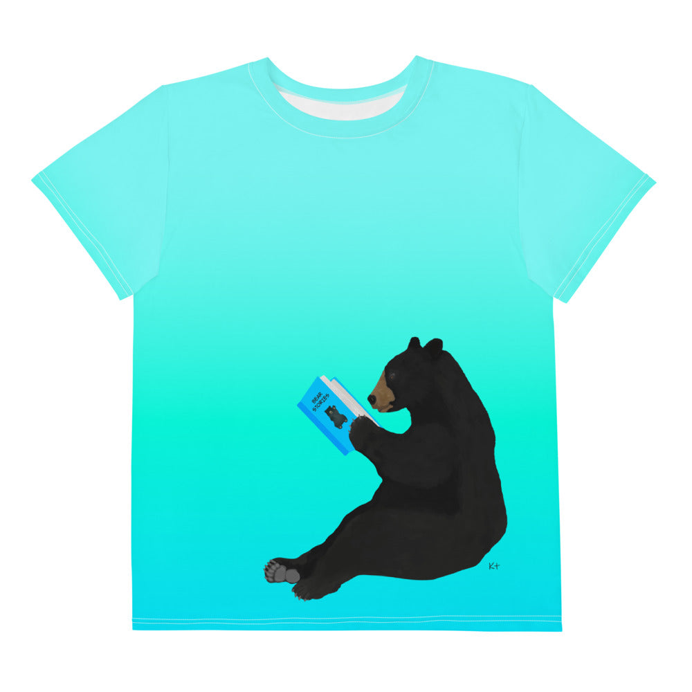 Youth Crew Neck T-shirt Aqua Green Blue Bear Reading