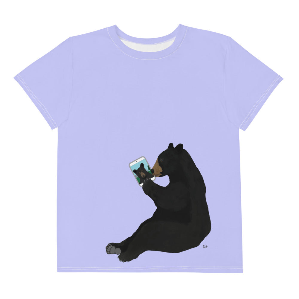 Youth Crew Neck T-shirt Periwinkle Bear With iPad