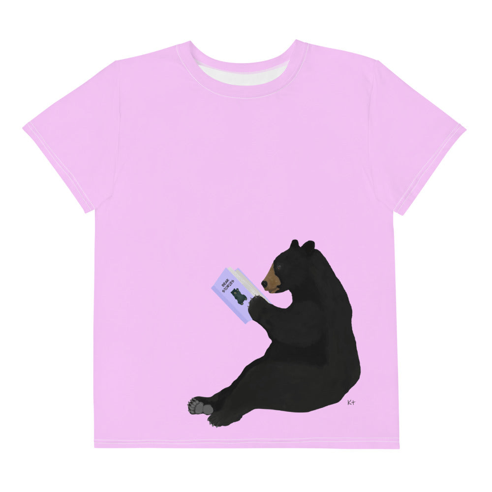 Youth Crew Neck T-shirt Bright Pink Bear Reading