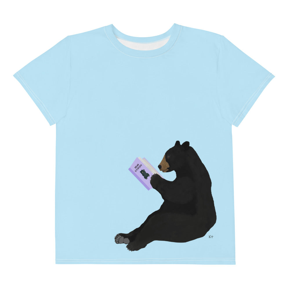 Youth Crew Neck T-shirt Light Blue Bear Reading Purple Book