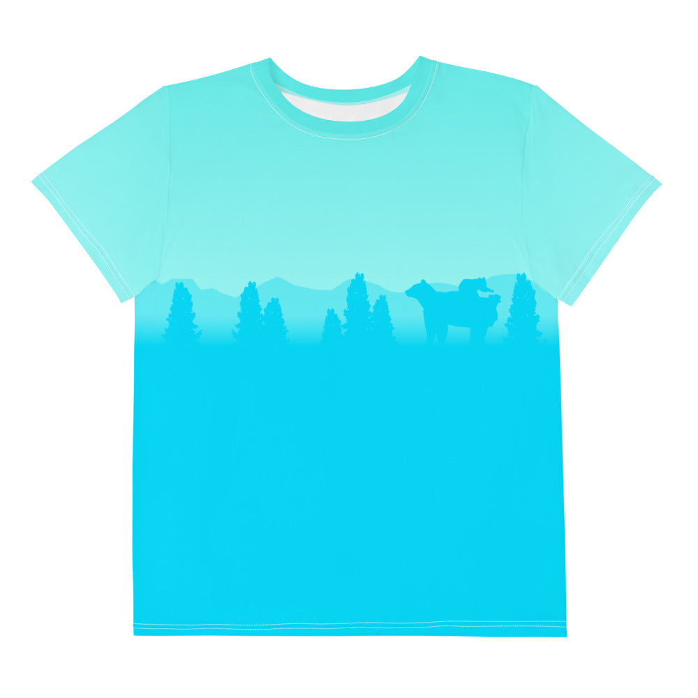 Youth Crew Neck T-shirt Aqua Lighter Blue Bear Silhouette